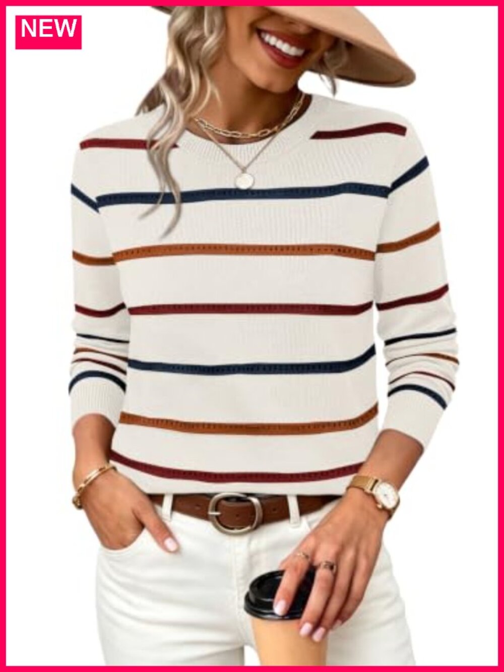WIHOLL Women Knit Sweater Hollow Out Striped Scoop Neck Pullover